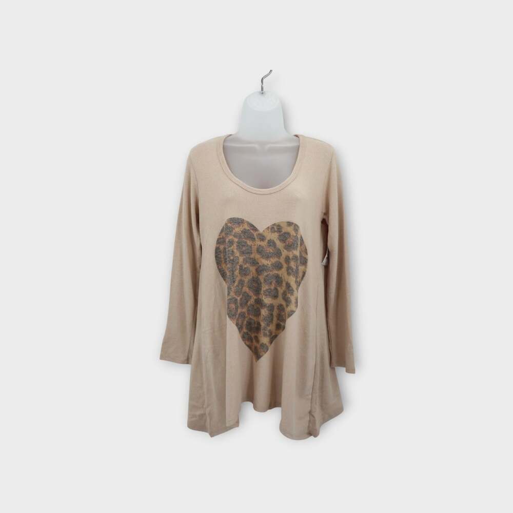 Go Couture Womens Tan Cheetah Heart Stretch Long Sleeve Scoop Neck Tunic Top M